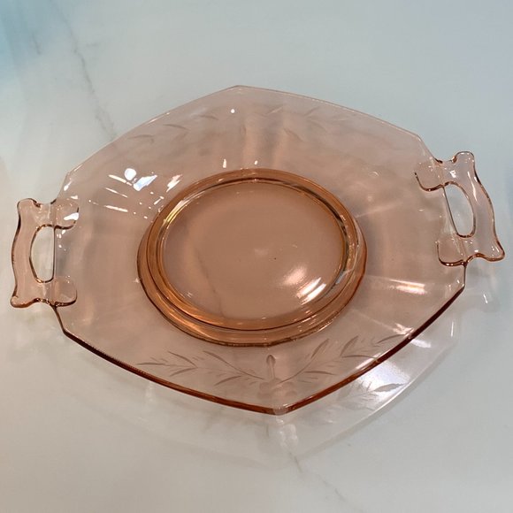 Pink Depression Glass Etched Tray with Handles - Picture 14 of 14